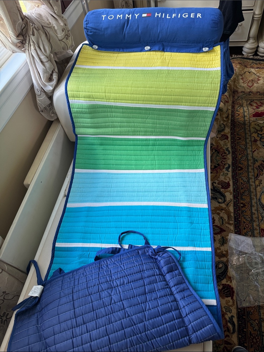 Tommy Hilfiger Blue, Teal & Green Striped Quilted Beach Throw with Branded Top